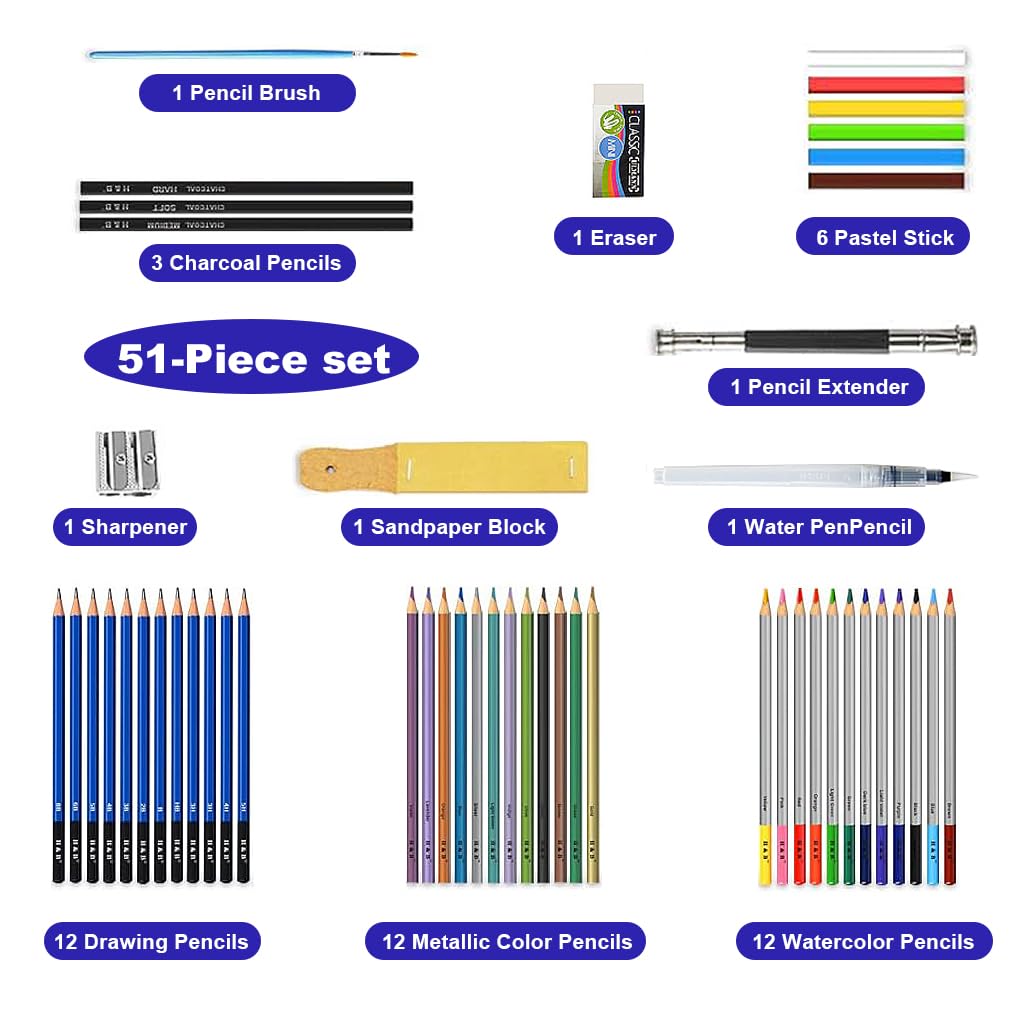 HASTHIP Sketching Kit - 51Pcs Professional Sketch & Drawing Tool Kit with Zipper Case, Graphite & Colour Pencils, Charcoal, Eraser, Sharpener, Christmas Gift for Artists, Students & Hobbyists HASTHIP Sketching Kit - 51Pcs Professional Sketch & Drawing Tool Kit with Zipper Case, Graphite & Colour Pencils, Charcoal, Eraser, Sharpener, Christmas Gift for Artists, Students & Hobbyists